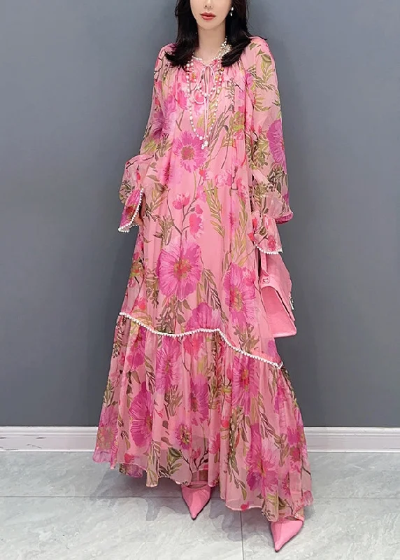 maxi dresses under $100Stylish Pink Print Patchwork Chiffon Long Dress Fall