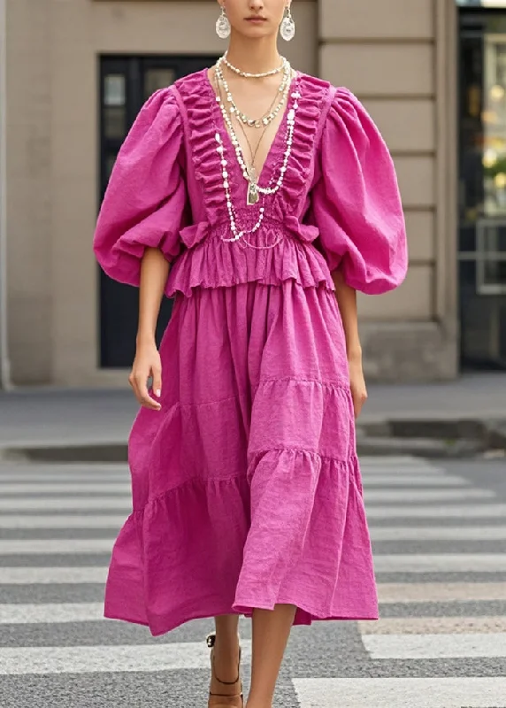 maxi dresses with pockets and sleevesModern Rose Wrinkled Chain Linked Cotton Long Dress Lantern Sleeve