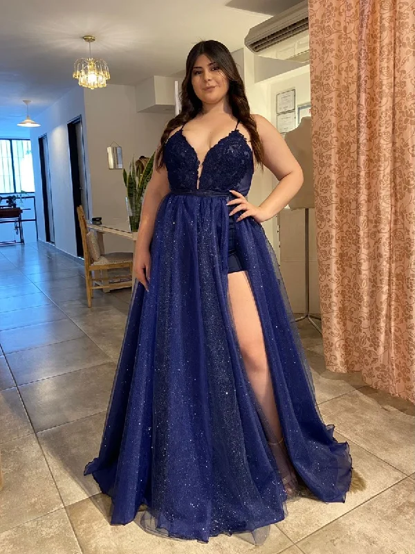 sweetheart-neck party dressesA-line Navy Blue Sparkly Unique Party Modest Formal Long Prom Dresses  Y4848