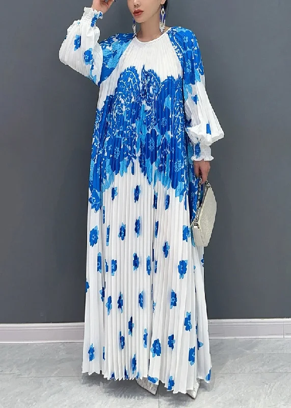 maxi dresses with lace-up detailsStyle White Blue O Neck Print Wrinkled Long Dresses Petal Sleeve