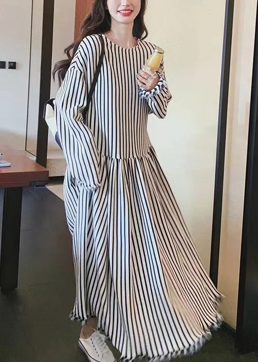 maxi dresses with buttonsChic O Neck Striped Patchwork Cotton Long Dresses Long Sleeve