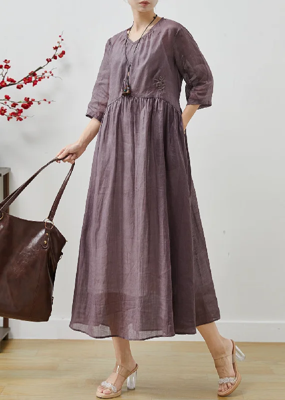 maxi dresses with appliquésPurple Floral Linen Long Dress Embroidered Bracelet Sleeve