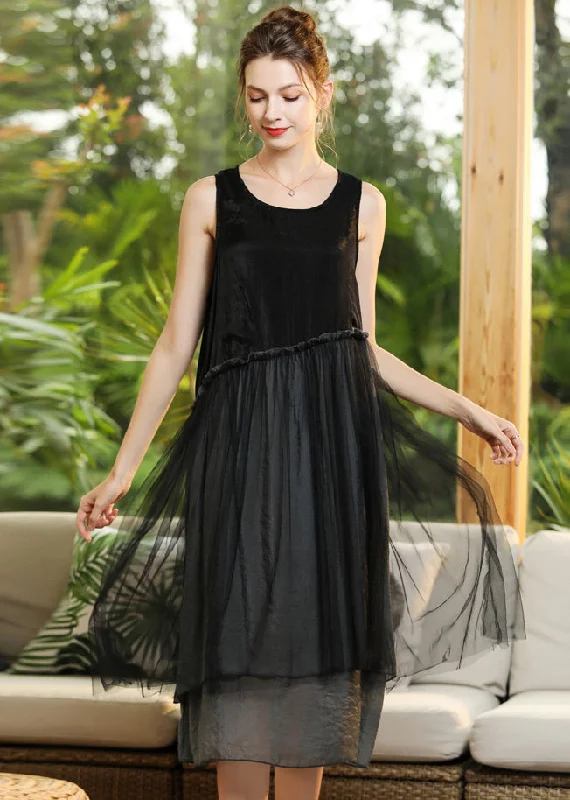 maxi dresses for girlsElegant Black O-Neck Patchwork Tulle Long Dresses Sleeveless