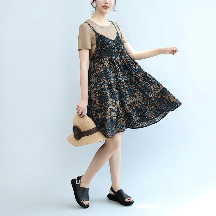 Sleeveless Dress Fashion2024 summer brown casual t shirt and floral stylish sleeveless linen dresses two pieces