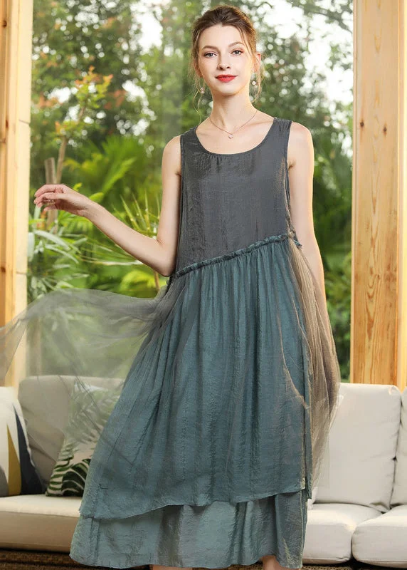 Sleeveless Dress With EmbroideryGrey Patchwork Tulle Vacation Dresses Ruffled Sleeveless