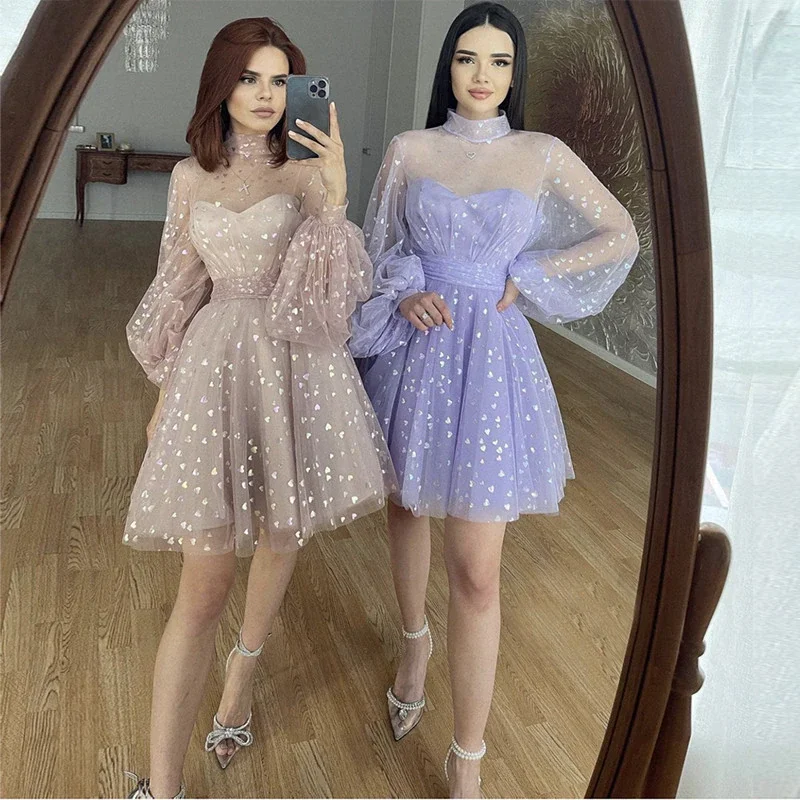 custom-made party dressesSoft Tulle Homecoming Dresses High Collar Sheer Long Sleeves Graduation Party Women Wear Cocktail Short Prom Gowns