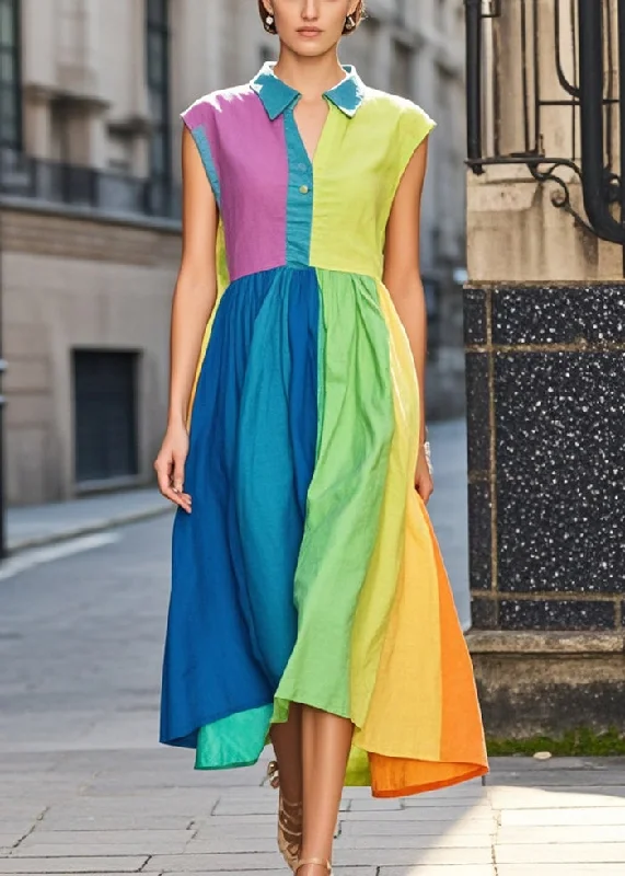 velvet maxi dressesItalian Colorblock Peter Pan Collar Patchwork Exra Large Hem Cotton Long Dresses Summer