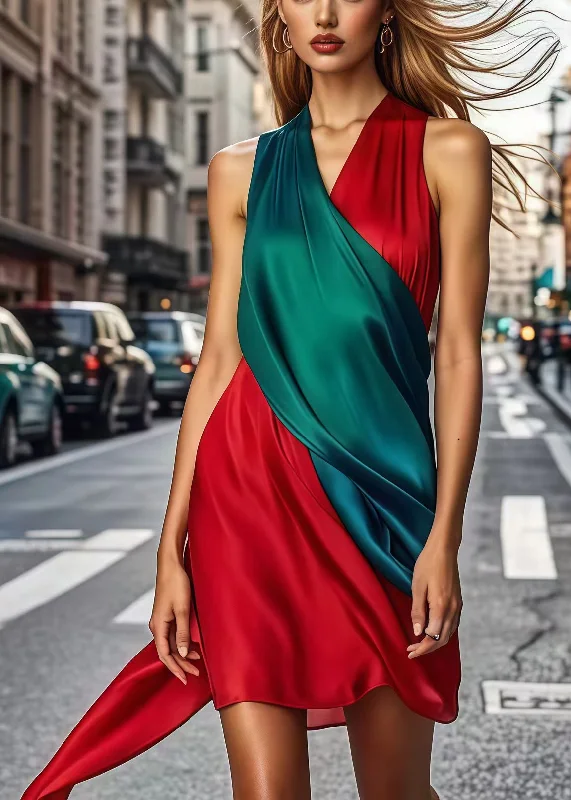 Sleeveless Dress With Adjustable StrapsBeautiful Colorblock Asymmetrical Patchwork Silk Work Dress Sleeveless