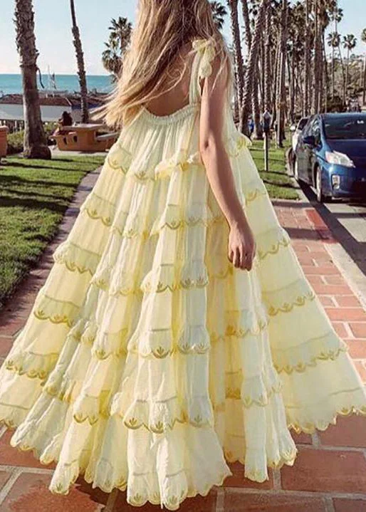 Sleeveless Dress FlaredElegant Patchwork Ruffles Yellow For Women Off Shoulder Sleeveless Oversized Dresses