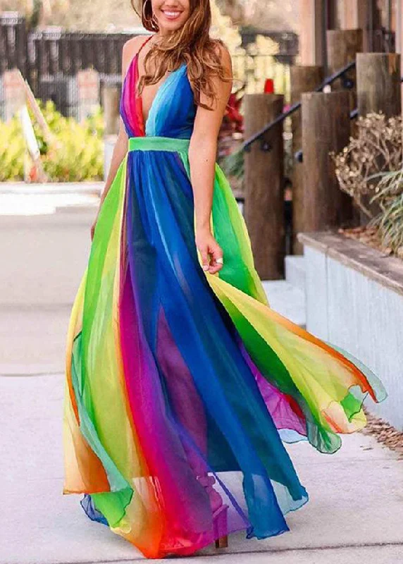 Sleeveless Dress VintageBohemian Rainbow V Neck Backless Chiffon Spaghetti Strap Dress Sleeveless