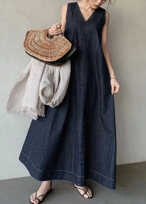 Sleeveless Dress LooseBohemian Navy V Neck Cold Shoulder Cotton Denim Dress Sleeveless