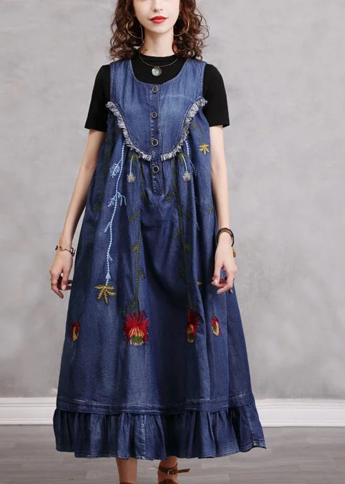 Sleeveless Dress In DenimBoho Blue O-Neck Ruffled Embroideried Patchwork Cotton Denim Dress Sleeveless