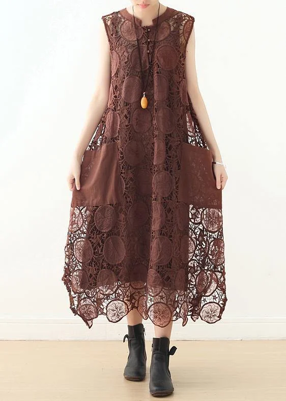 Sleeveless Dress CroppedOrganic Chocolate sleeveless cotton Tunics o neck lace summer Dresses