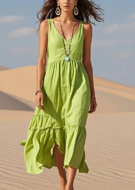 Sleeveless Dress With Long SkirtBoho Fruit Green V Neck Cotton Summer Dress Sleeveless