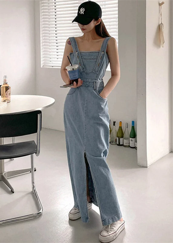 Sleeveless Dress In LaceSlim Fit Blue Slash Neck Button Pockets Backless Denim Dress Sleeveless