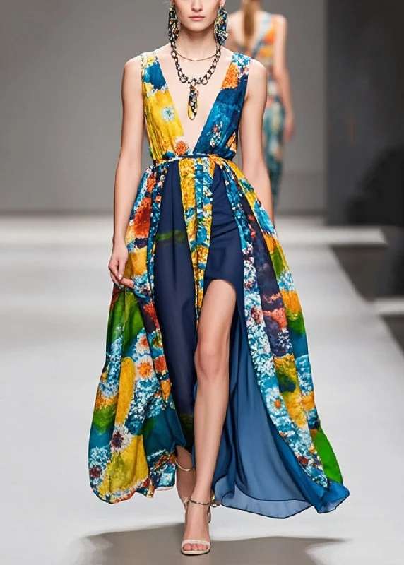 Sleeveless Dress With BeadsModern Navy Side Open Patchwork Print Chiffon Dress Sleeveless