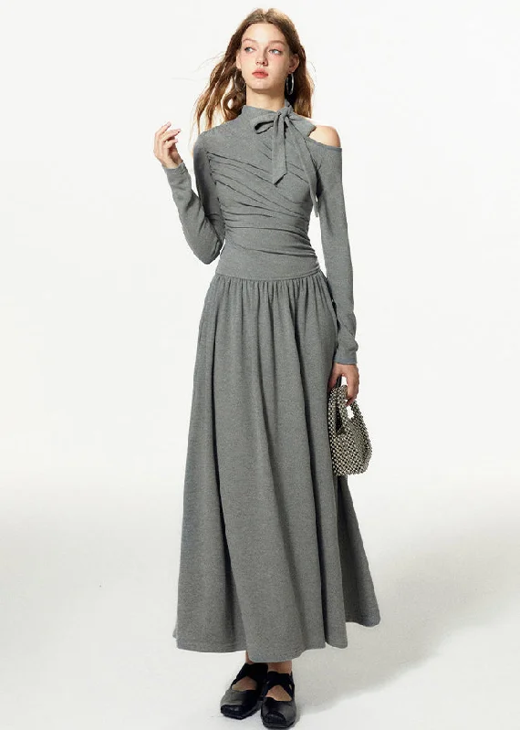 maxi dresses for garden partiesFrench Grey Cold Shoulder Bow Cotton Long Dress Fall