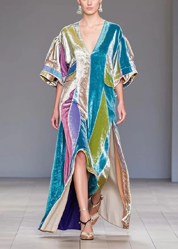 maxi dresses for semi-formal eventsCasual Colorblock Asymmetrical Side Open Silk Velvet Long Dress Fall