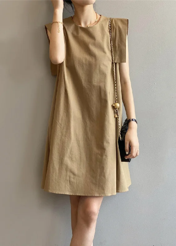 Sleeveless Dress With PeplumElegant Khaki O-Neck Cotton Day Dress Sleeveless