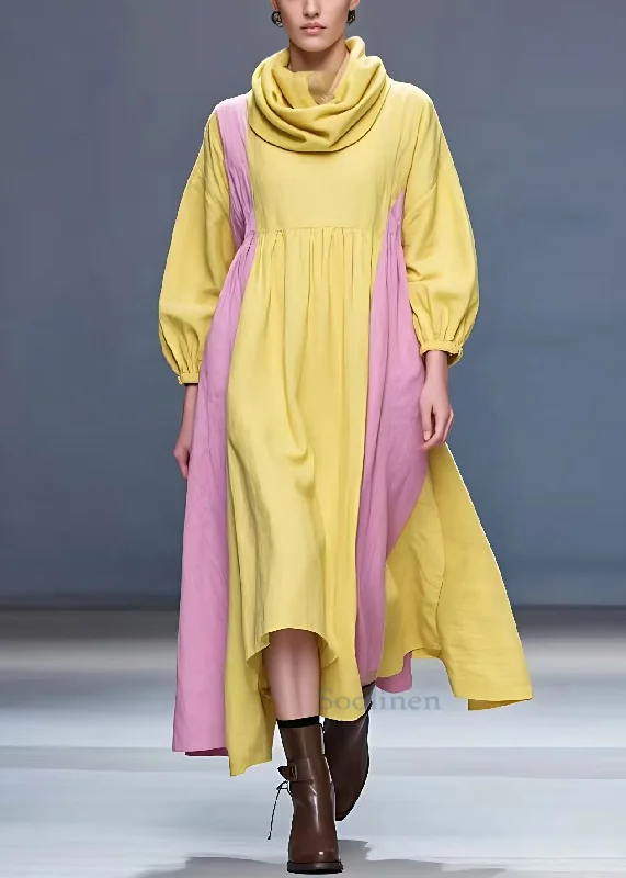 maxi dresses for active wear (with stretch fabric)New Yellow Turtleneck Solid Patchwork Cotton Long Dress Fall