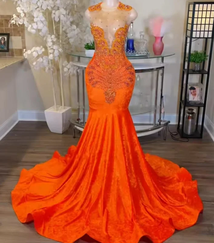 handmade party dressesGlitter Orange Prom Dress For Black Girls 2025 Sequin Crystal African Women Evening Party Gowns Velvet Customized