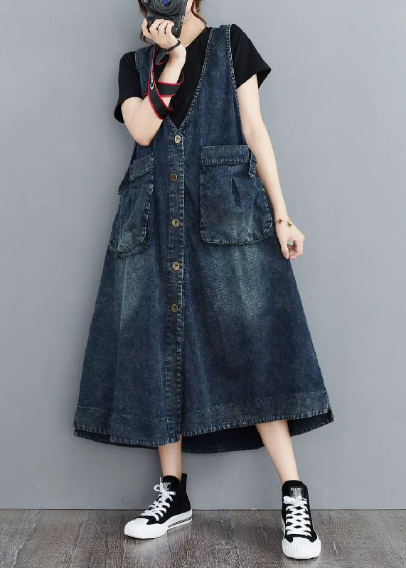 Sleeveless Dress In LeatherOrganic Navy V Neck Pockets Patchwork Denim Sundress Sleeveless