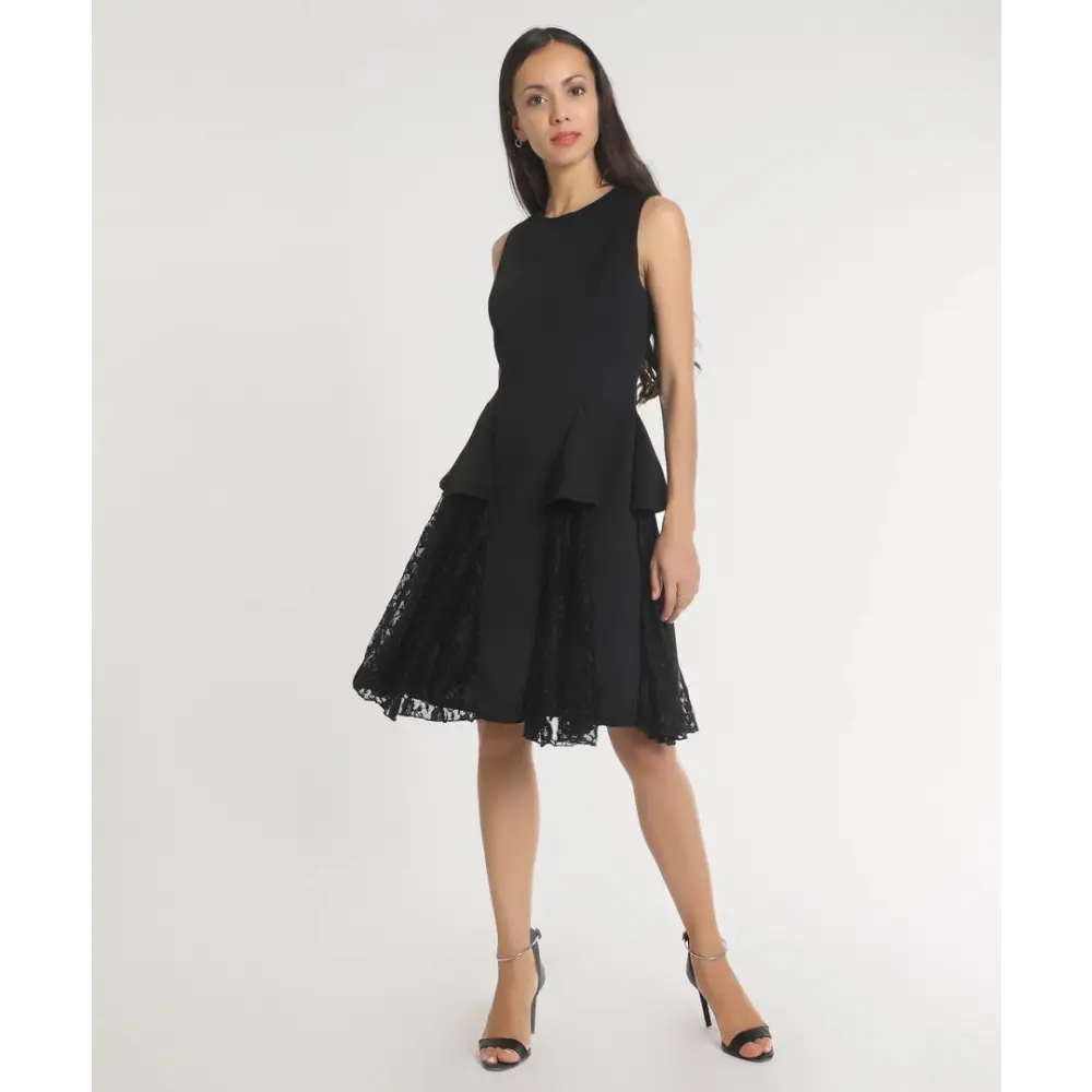 Sleeveless Dress Plus SizeStylish Polyester Black Solid Fit And Flare Lace Sleeveless Dress