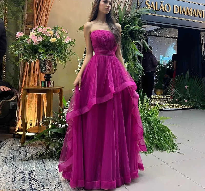 chiffon party dressesA Line Tulle Fuchsia Prom Dresses Strapless Ruffles Women Evening Party Gowns Customized Pleat Formal Bridesmaid Wear