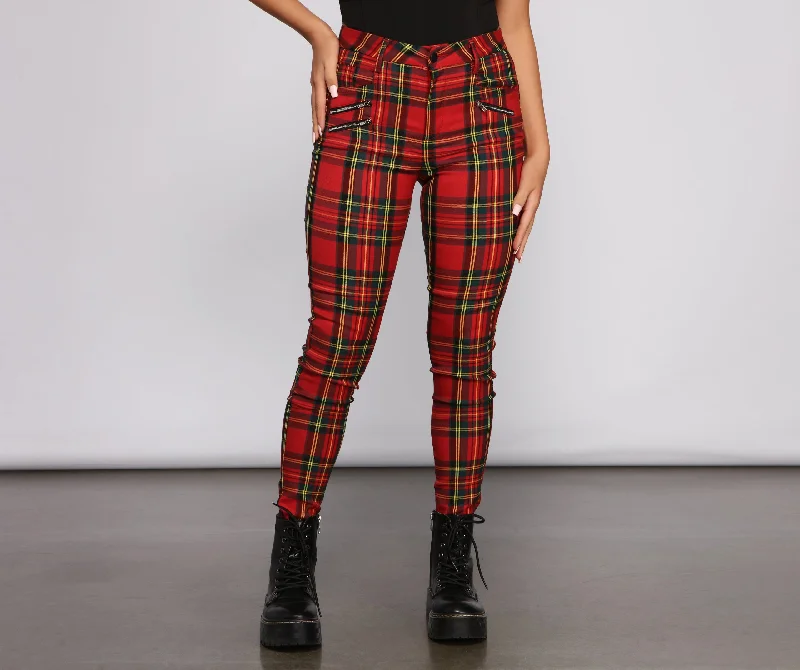 women's clubbing pantsHigh Rise Zippered Plaid Pants