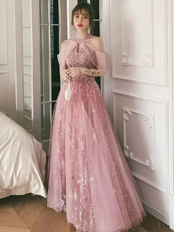 off-the-shoulder party dressesPink party dress, halter neck prom dress, sweet fairy evening dress Y1918