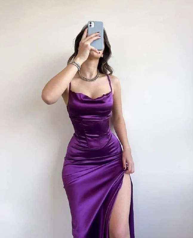 tall party dressesPurple Satin Long Prom Dress with High Slit,Sexy Party Dress  Y4997