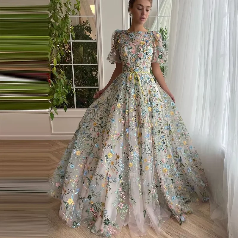 polka dot party dressesCustomized Elegant Embroidery Lace Appliques Prom Dresses Puff Sleeves A-Line Long Wedding Party Gowns O-Neck Evening Dress