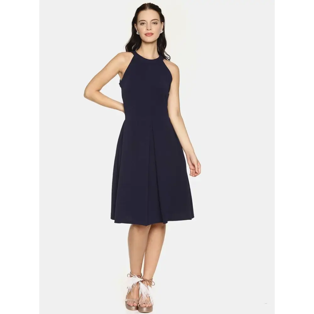 Sleeveless Dress In RayonStylish Polyester Navy Blue Solid Halter Neck Casual Sleeveless Dress For Women