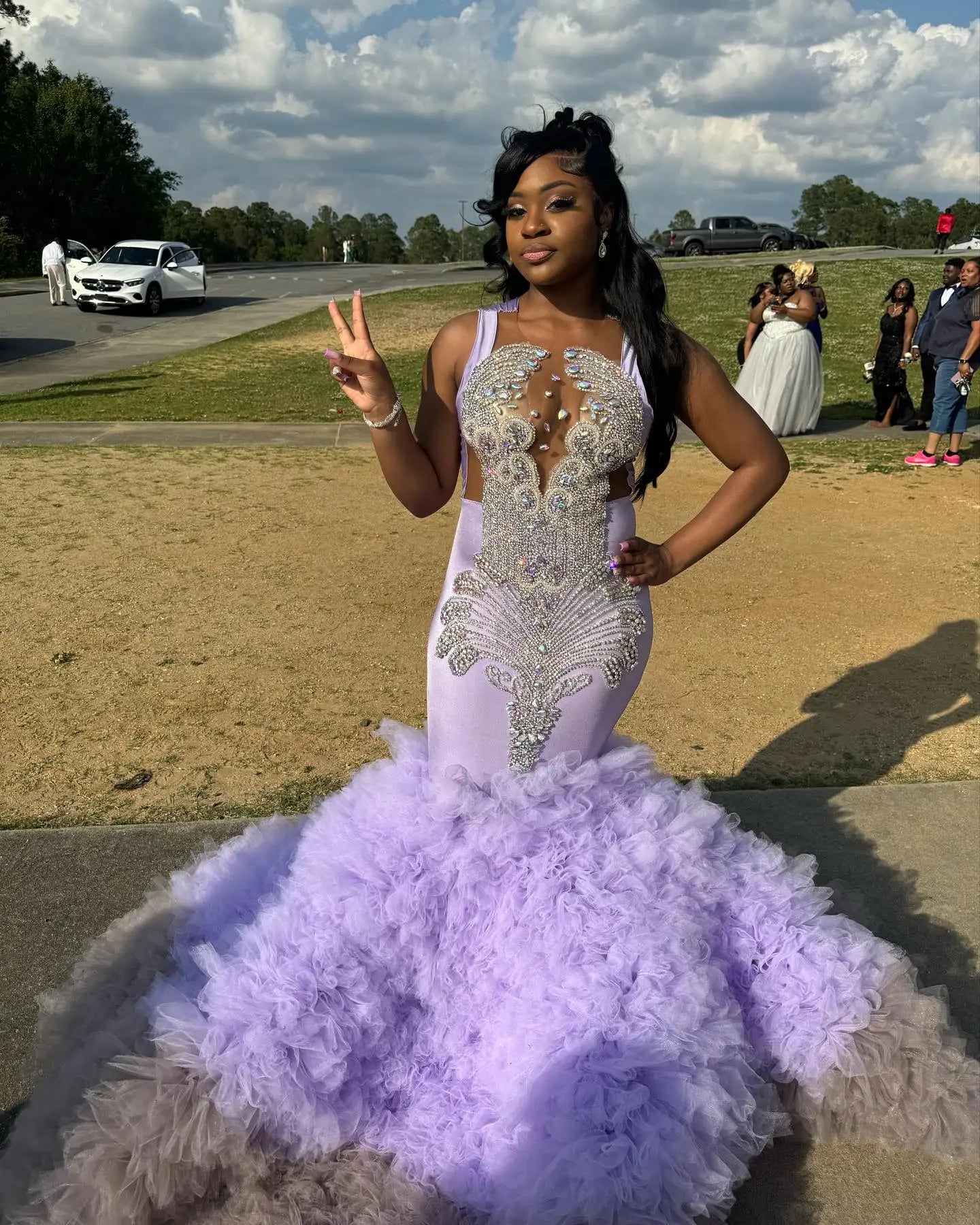 prom party dressesLuxury Crystals Beaded Mermaid Prom Dress Tulle Ruffles Skirt Evening Party Gown For Black Girls Long Birthday Robe De Soiree