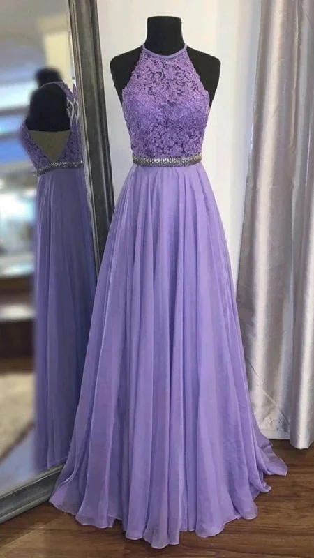 asymmetrical party dressesElegant Purple Halter A-line Prom Dress,Purple Party Gown  Y5329