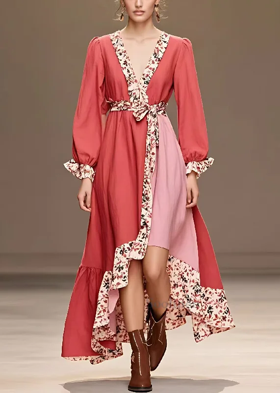 maxi dresses for casual strollsNew Red V Neck Print Patchwork Cotton Long Dresses Long Sleeve