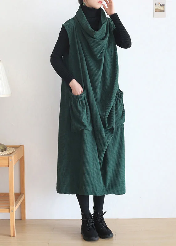 Sleeveless Dress With Mermaid TailNatural Green Turtleneck Pockets Knit Cotton Dress Sleeveless