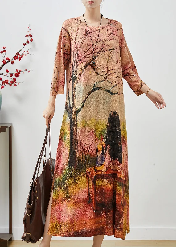 maxi dresses with lace overlaysBeautiful Khaki Oversized Print Knit Long Dresses Fall