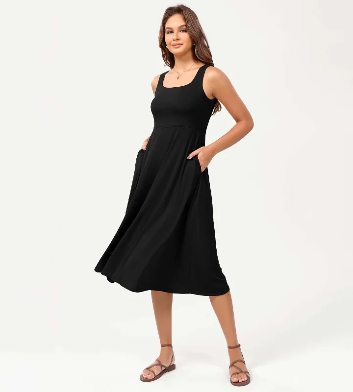 Sleeveless Dress Petite SizeSquare Neck Casual Sleeveless Sundress Flare Tank Dress with Pockets