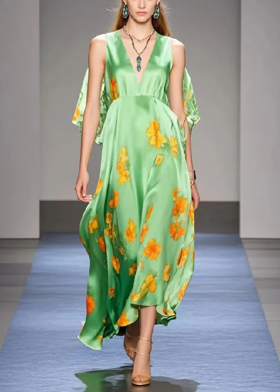 maxi dresses for day-to-night wearWomen Green Cold Shoulder Print Silk Long Dresses Summer