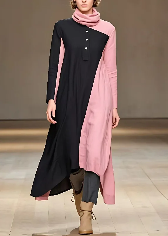 maxi dresses for mother of the brideWomen Colorblock Turtleneck Patchwork Button Long Dress Fall