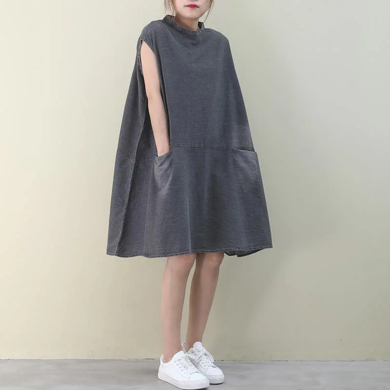 Sleeveless Dress For SummerDIY o neck sleeveless Cotton outfit denim gray Dress