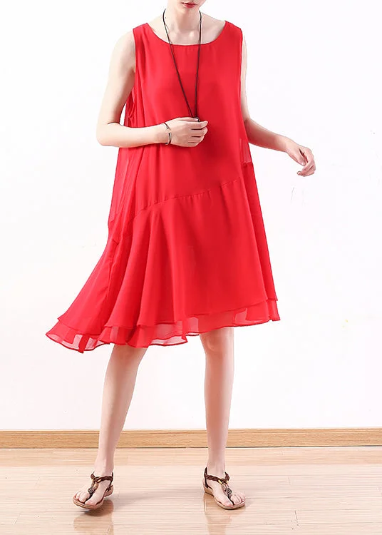 Sleeveless Dress With PocketsUnique red Chiffon dresses Sweets Runway sleeveless short summer Dress