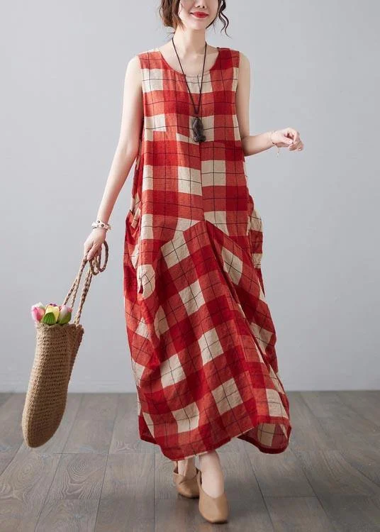 Sleeveless Dress For PartyNatural Red Plaid Sleeveless Pockets Summer Dress