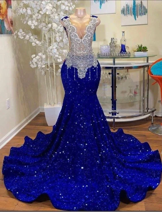 body-skimming party dressesRoyal blue prom dresses, crystal prom dresses, beaded prom dresses, mermaid evening dresses, sequins party dresses, mermaid evening gowns Y1595