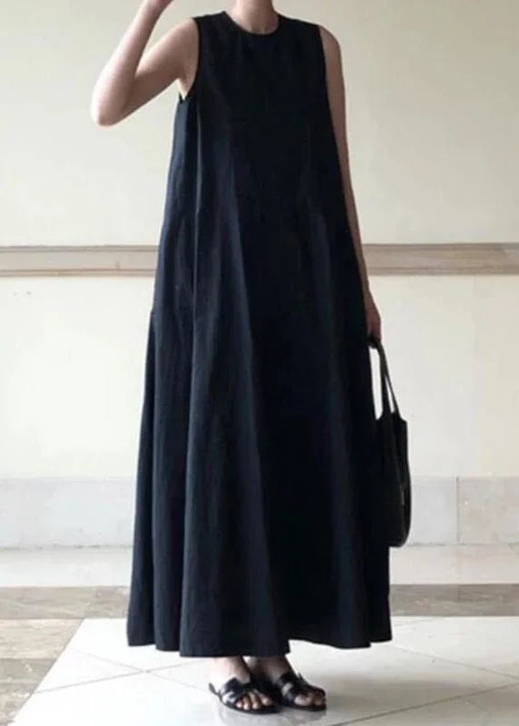 Sleeveless Dress Casual ChicHandmade black linen dresses o neck sleeveless cotton robes summer Dresses