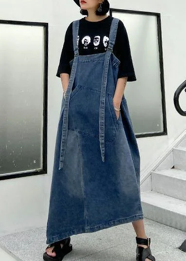 Sleeveless Dress With Cross-Back StrapsHandmade denim blue cotton sleeveless pockets cotton robes summer Dresses