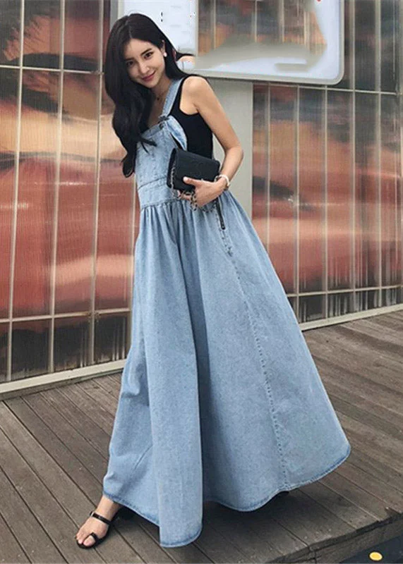 Sleeveless Dress High-LowDiy Blue Slash Neck Wrinkled Pockets Denim Dress Sleeveless