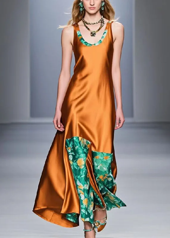 maxi dresses for layeringUnique Caramel Asymmetrical Patchwork Silk Long Dress Sleeveless