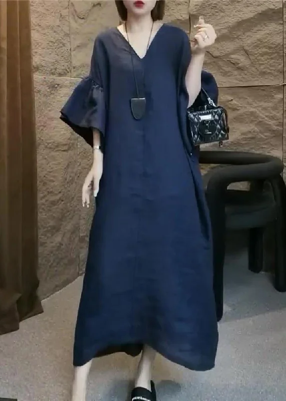 maxi dresses with sweetheart necksPlus Size Navy V Neck Solid Linen Long Dress Flare Sleeve